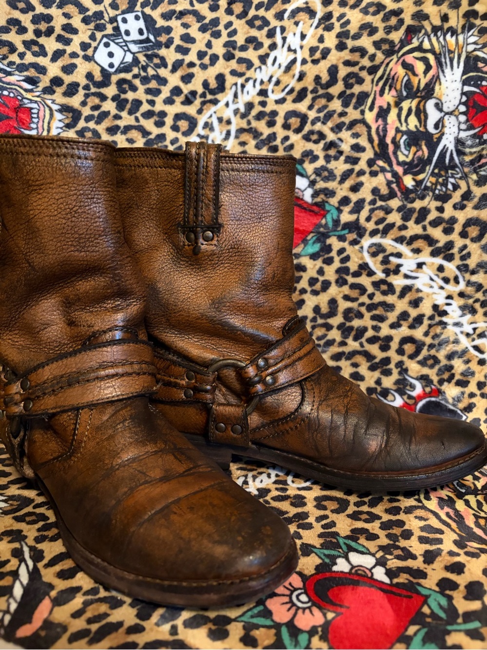 VINTAGE FRYE RARE Maxine Trapunto Brown Leather Harness Boots Women's style#7792 - Picture 2 of 10